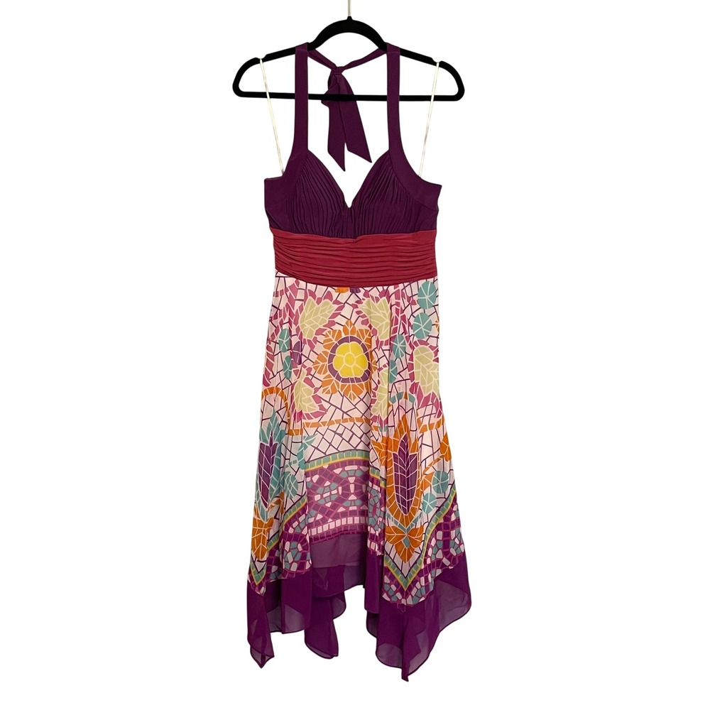 VTG Y2K Sangria Halter Dress Geometric Pleated Bodice Babydoll Midi Colorful